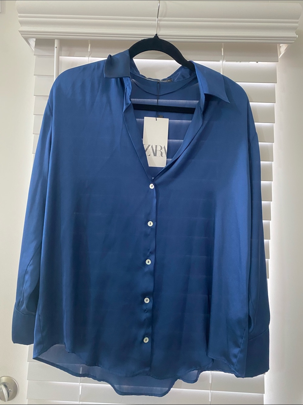 Zara Women’s Deep Blue Navy Satin Button-Down Shirt
